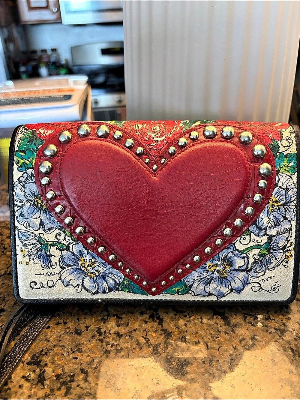Brighton Floral Heart Clutch in Black & Red